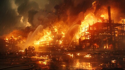 Fototapeta premium A large factory building is engulfed in flames, with firefighting efforts underway.