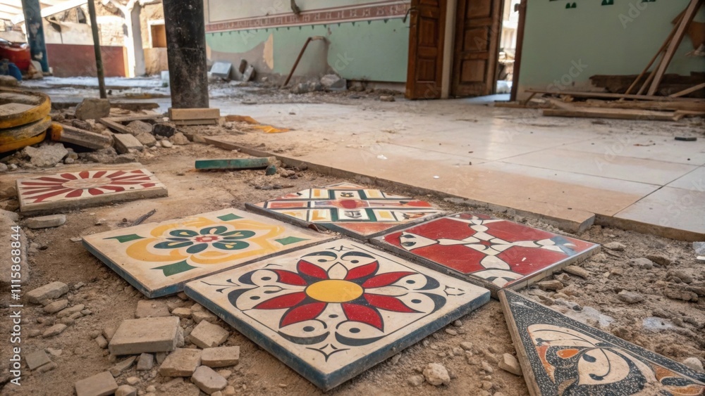 Poster fragments of patterned tiles featuring a fusion of bold colors and designs strewn across the floor l