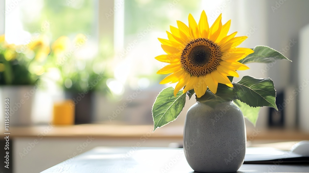 Poster a single sunflower in a gray vase on a table in front of a window.