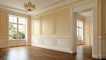 Fototapeta premium Freshly painted walls in a warm ivory shade paired with elegant tall baseboards that add a refined touch to the interior.