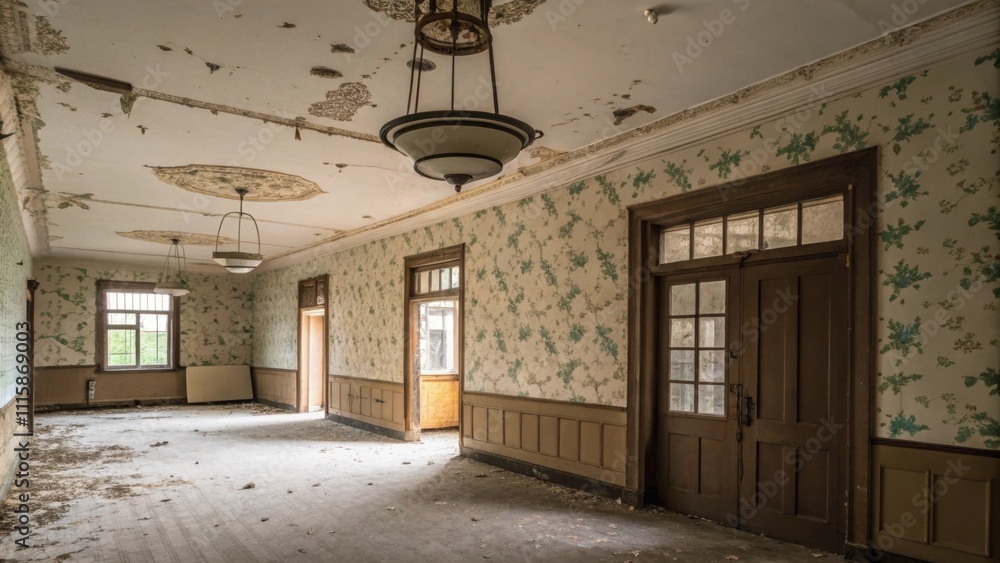 Poster faded wallpaper is peeling from the walls revealing plaster underneath while empty light fixtures da