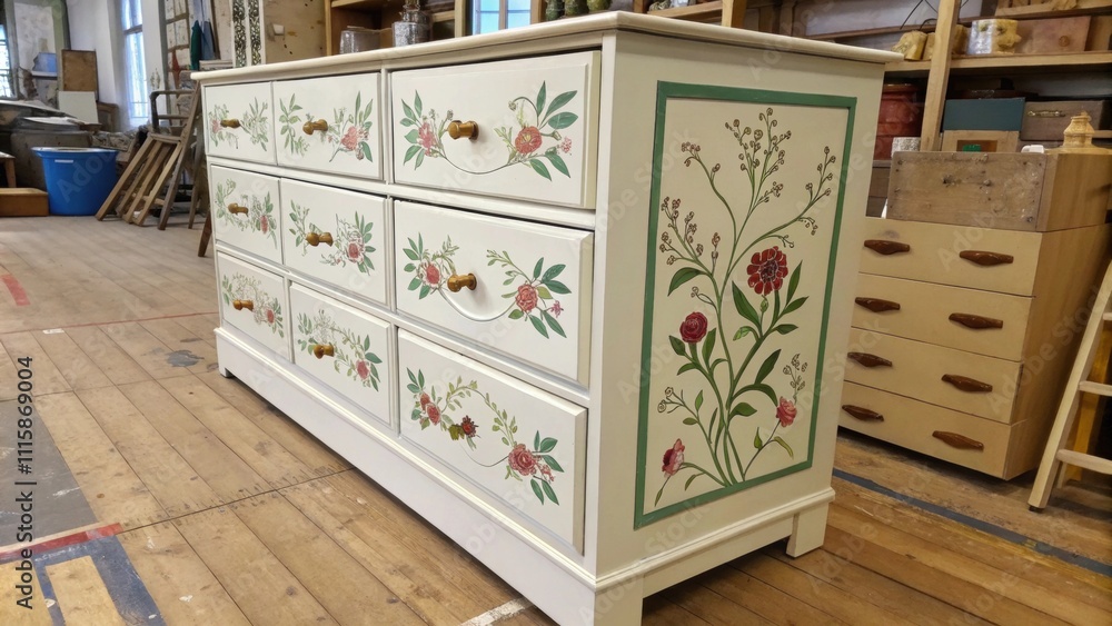 Poster elegant handpainted cabinetry drawers arranged in a charming pattern on a wooden floor embodying art