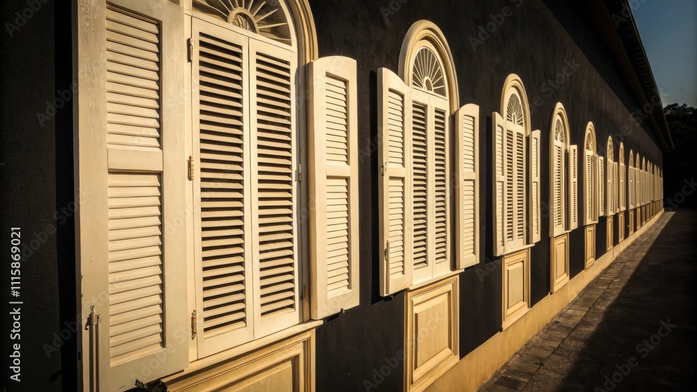 Poster Elegant creamcolored shutters lined up against a stark black wall casting soft shadows that emphasize their intricate louvered design.