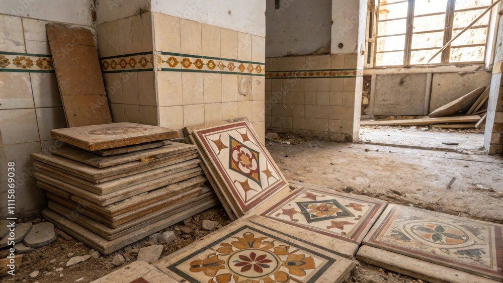 Poster discarded tiles in earthy tones of brown and beige stacked precariously in a corner of an unfinished
