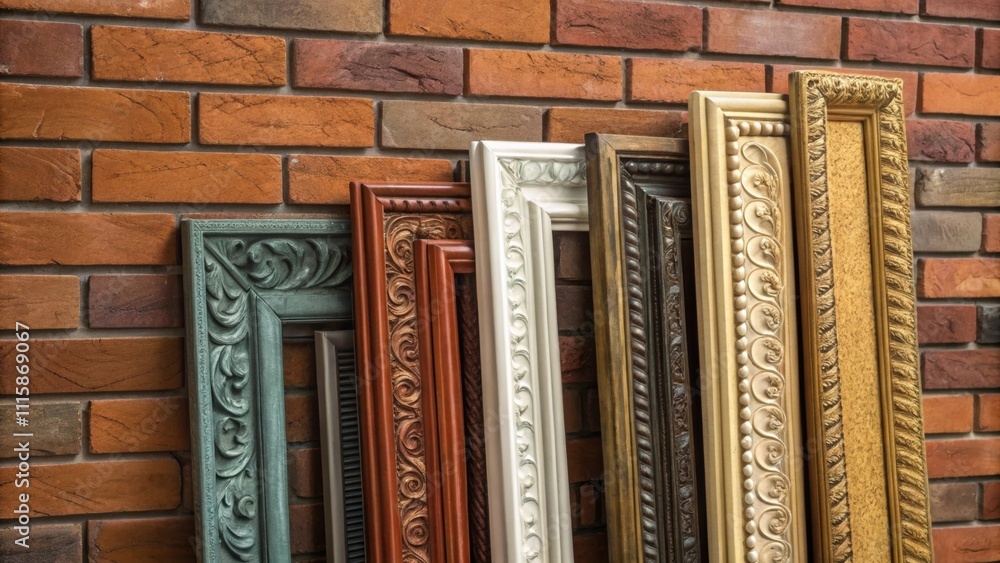 Poster decorative molding pieces arranged vertically against a brick wall featuring an array of colors and 