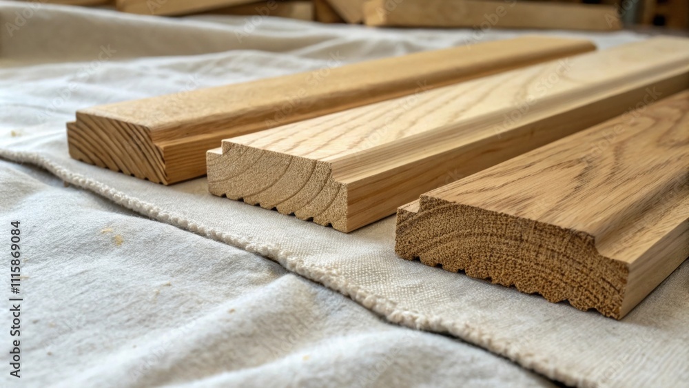 Poster Closeup view of several wooden baseboards resting on a drop cloth their rough edges contrasting with the smooth surface of the fabric beneath.