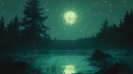 Obraz premium Mystical forest lake at night with glowing moon and fireworks.