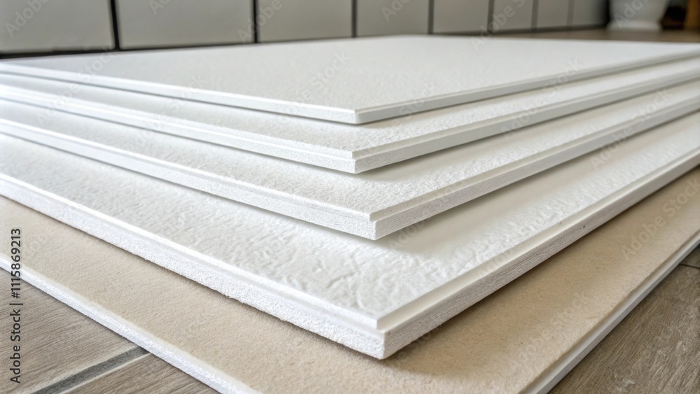 Poster closeup of several white ceiling tiles stacked against a wall highlighting their clean lines and mod