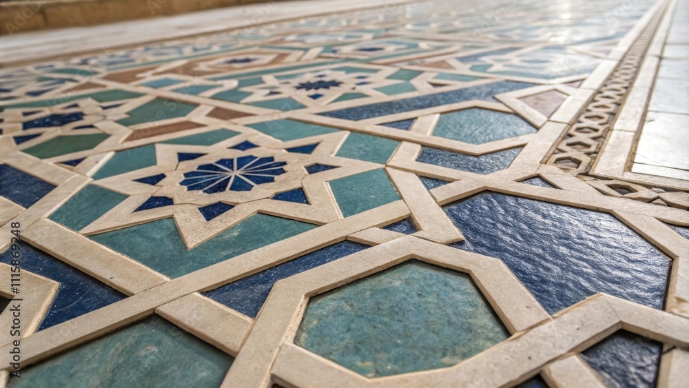 Poster Closeup of intricate mosaic tiles arranged in geometric patterns showcasing a blend of muted earth tones and deep blues. The fresh grout adds a polished look harmonizing the