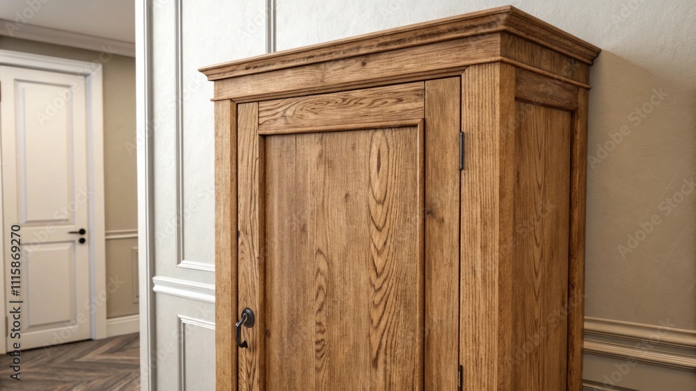 Poster closeup of a wooden cabinet door unrefined and rustic with a smooth surface that highlights the wood