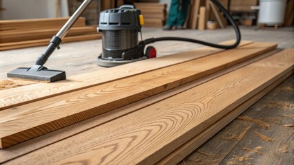 Closeup of freshly sanded wood planks revealing a warm natural grain while a dust containment vacuum sits nearby collecting fine particles.
