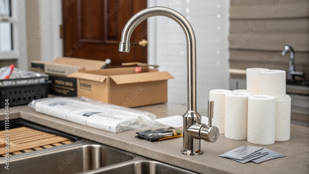 Poster closeup of an elegant modern sink faucet with a curved spout surrounded by tered packing materials a