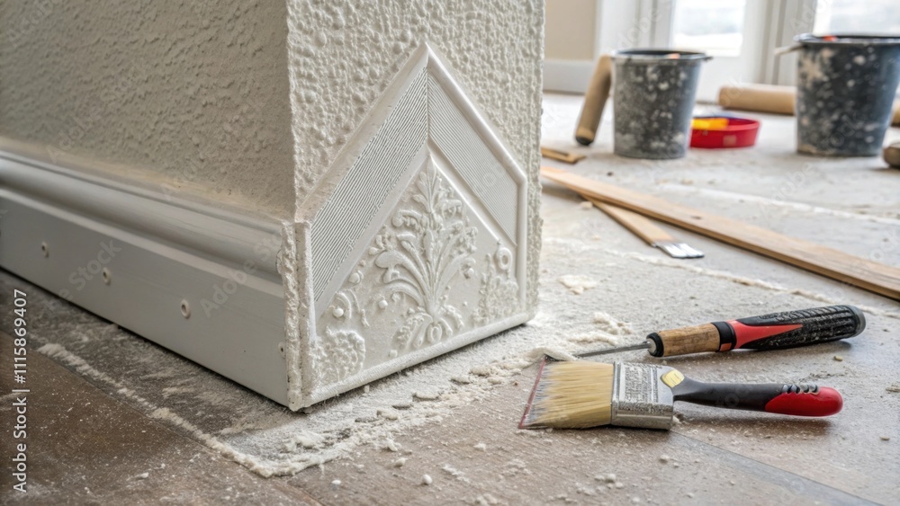Poster Closeup of a pristine drywall patch showing the textured finish with fine sanding marks still visible and a slight sheen from the primer surrounded by tools and dust.