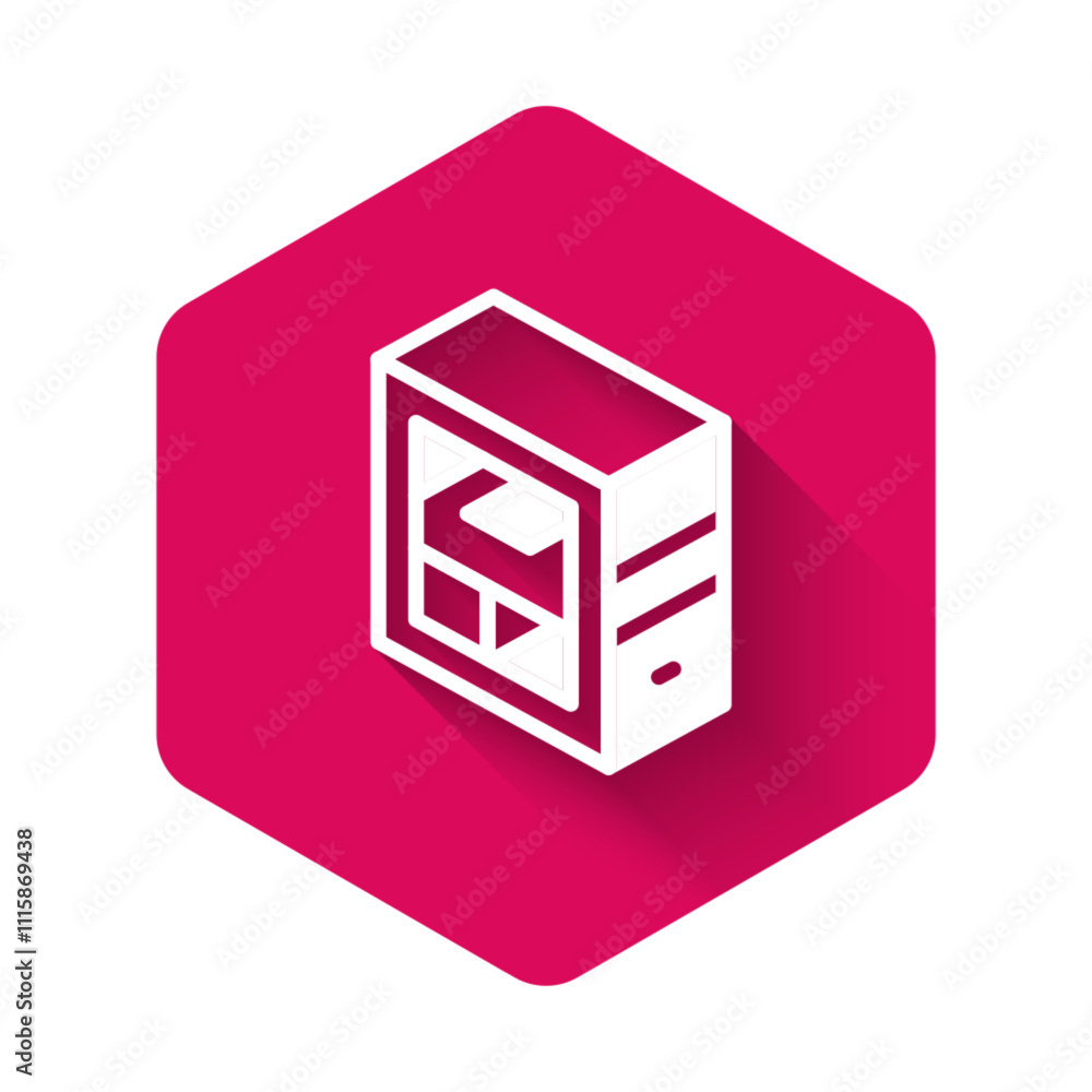 Poster white computer icon isolated with long shadow background. pc component sign. pink hexagon button. ve