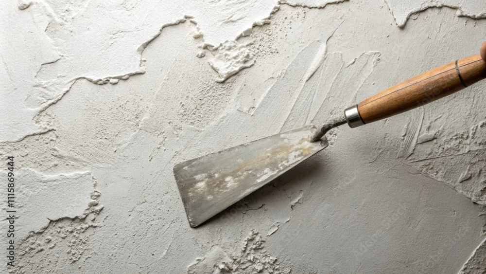 Poster Closeup of a freshly plastered wall showcasing its textured surface featuring a trowel positioned at an angle against the walls base.