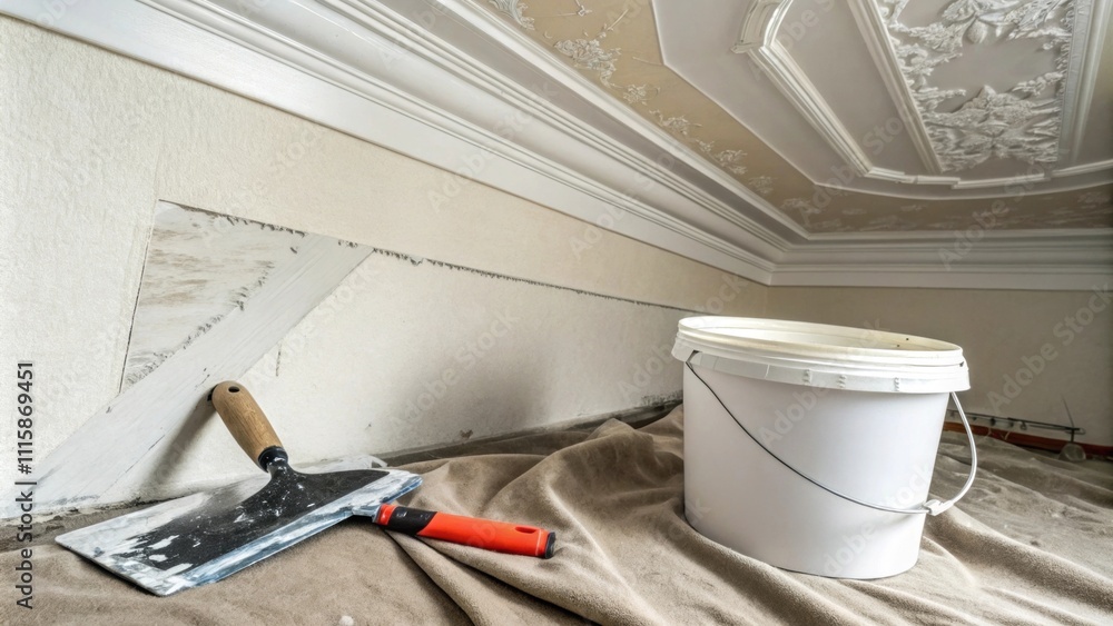 Poster Closeup of a freshly applied ceiling repair showcasing a seamless finish with a trowel and a bucket of joint compound resting on a drop cloth below.