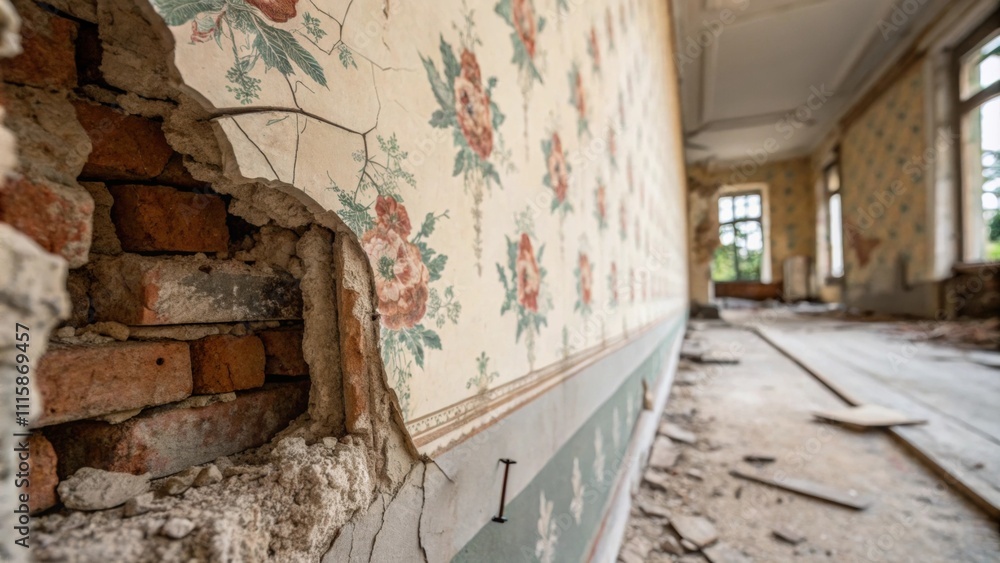 Poster Closeup of a fragmented wall where the plaster has crumbled exposing insulation and tered nails amidst a backdrop of faded wallpaper peeling away.