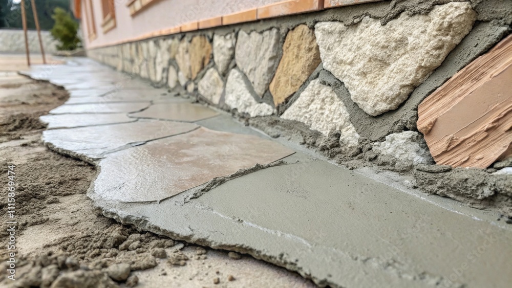 Poster closeup of a fresh concrete patch seamlessly blending into a rougher wall surface with subtle variat