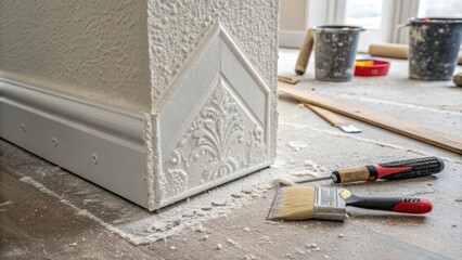 Closeup of a pristine drywall patch showing the textured finish with fine sanding marks still visible and a slight sheen from the primer surrounded by tools and dust.