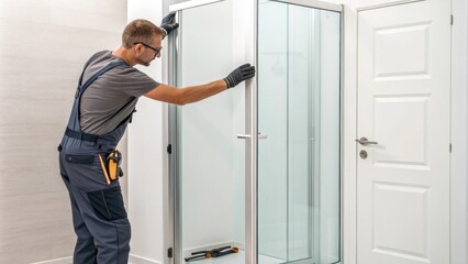 Closeup of a modern glass shower door being held by a worker showcasing its transparency and minimalist design against a backdrop of freshly painted walls.