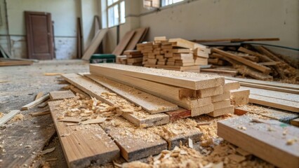 Closeup of a chaotic pile of off wood scraps in an unfinished room with sawdust settling between the unevenly stacked pieces.