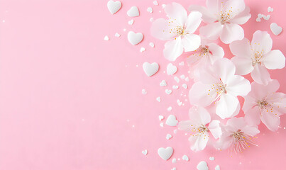 Delicate white cherry blossoms and scattered white hearts on a soft pink background, perfect for Valentine's Day or spring themes.