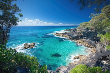 Stunning Coastal Landscape with Turquoise Waters and Rocky Shoreline Under a Clear Blue Sky