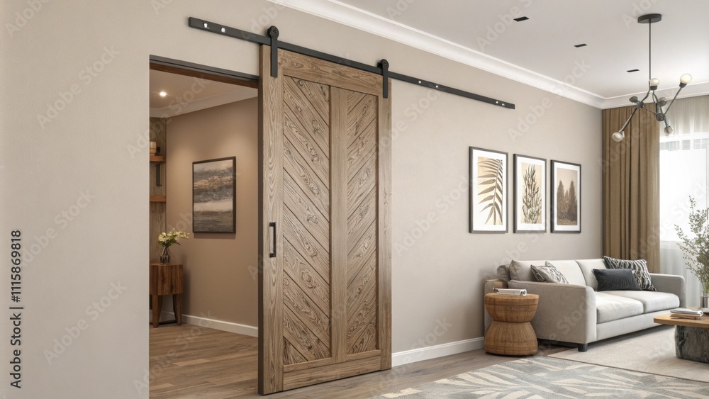 Poster a wooden sliding door track with unique grain patterns mounted against a muted beige wall that enhan