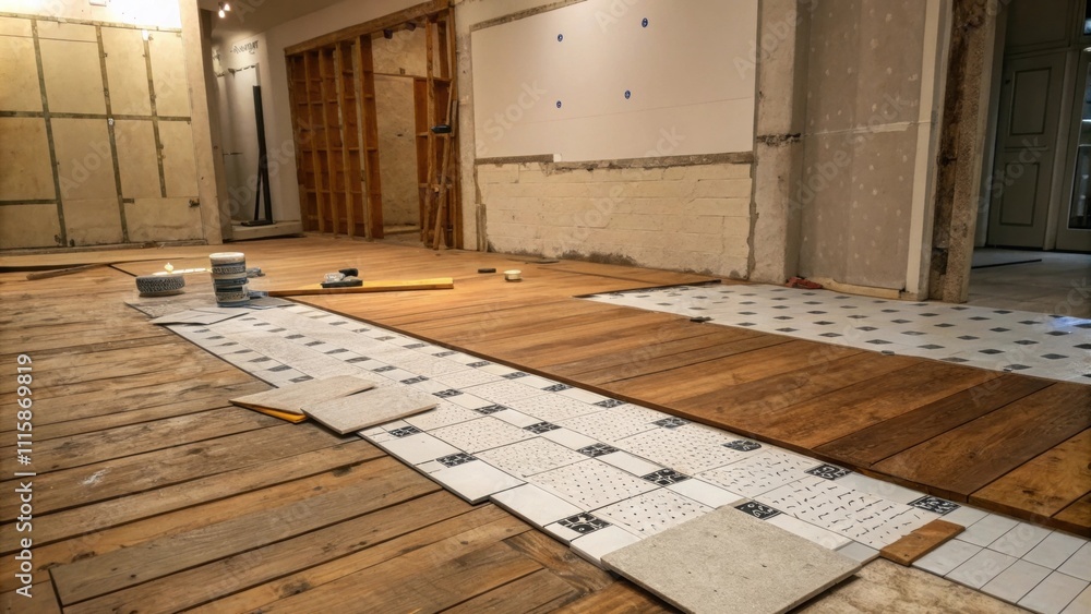 Poster A wooden plank floor partially covered with an assortment of unfinished tile spacers set against a backdrop of exposed walls and dim lighting.