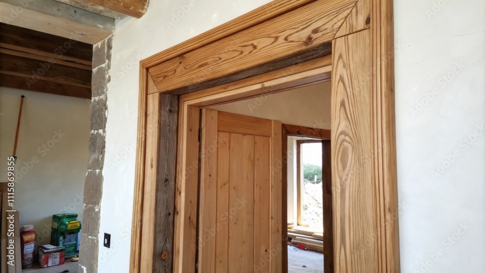 Poster A wooden doorway frame with visible wood grain its edges slightly uneven standing against a backdrop of partially plastered walls and a hint of construction materials in the