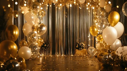 Gold and white balloons decorate a festive party scene