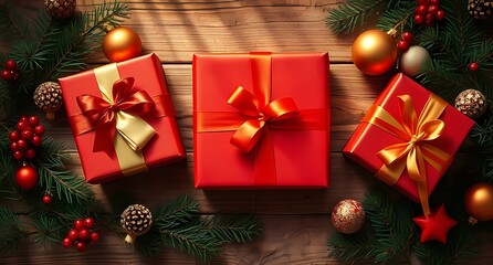 Red Christmas gifts and gold ball ornaments with a touch of pine wood, create a modern and sophisticated holiday aesthetic.