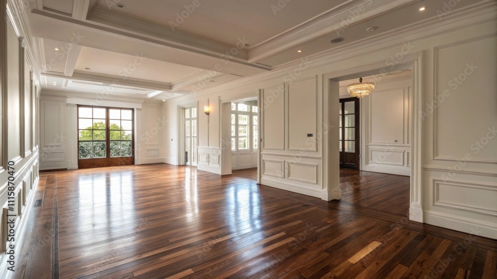 Poster A wideangle view of an empty room with rich shiny wood floors that contrast against plain white walls emphasizing the rooms potential for transformation.