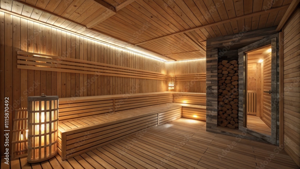 Poster a wideangle view of a dimly lit room filled with sanded wooden planks stacked vertically creating a 