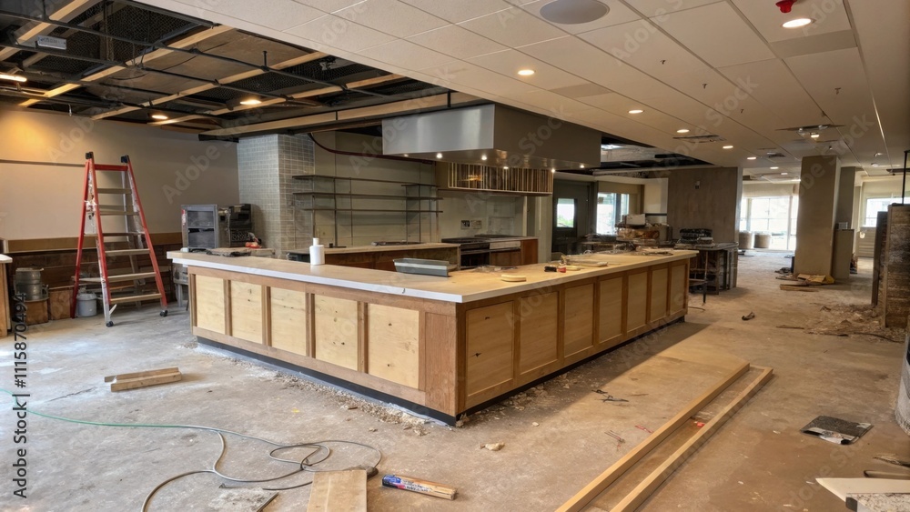 Poster A wideangle shot showcasing a spacious kitchen with an unfinished bar counter in the center surrounded by tered tools and dust creating a rugged atmosphere.