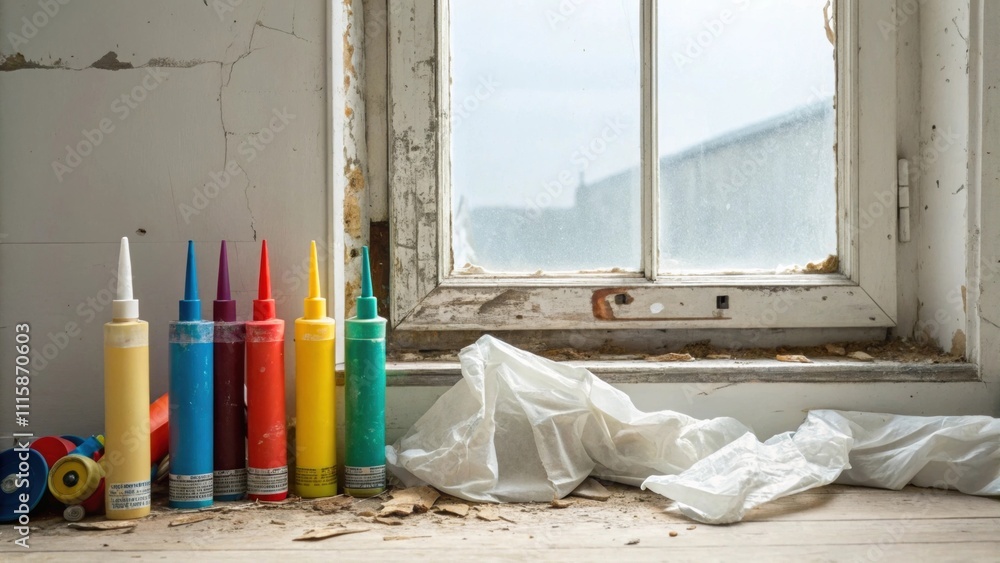 Poster A whimsical arrangement of colorful caulking tubes adjacent to an empty window frame with hints of a renovation mess including tered plastic sheets.