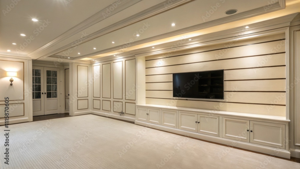Poster a welllit room emphasizing a plain wall marked with horizontal lines setting the stage for an elegan