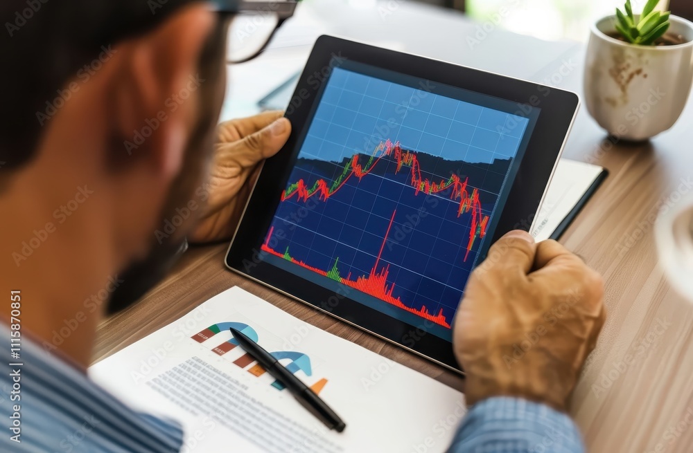 Poster Man Reviewing Financial Data On Tablet Device