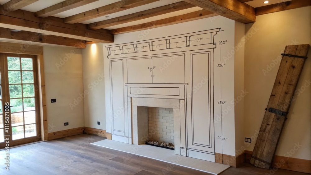 Poster a wall where a fireplace will be installed showing a precise outline drawn for the new minimalist st