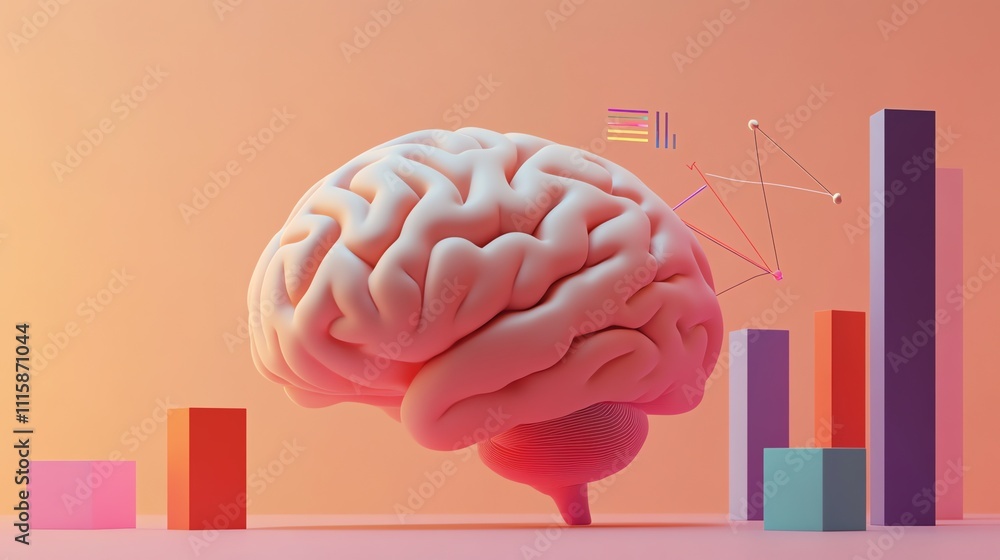 Poster a 3d rendering of a human brain with colorful bars and lines around it, representing the concept of 
