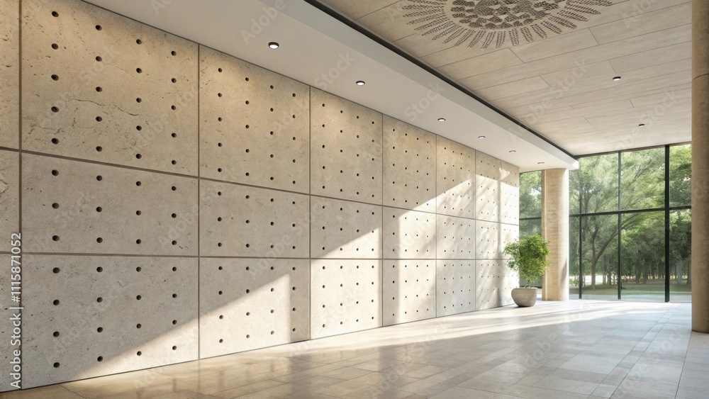 Poster a wall tiled in lightcolored cement featuring random holes positioned for future shelving casting so