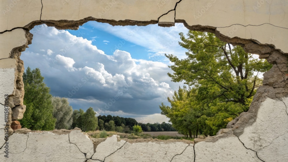 Poster a wall showcasing a raked rough opening with external weather elements peeking through the gap revea