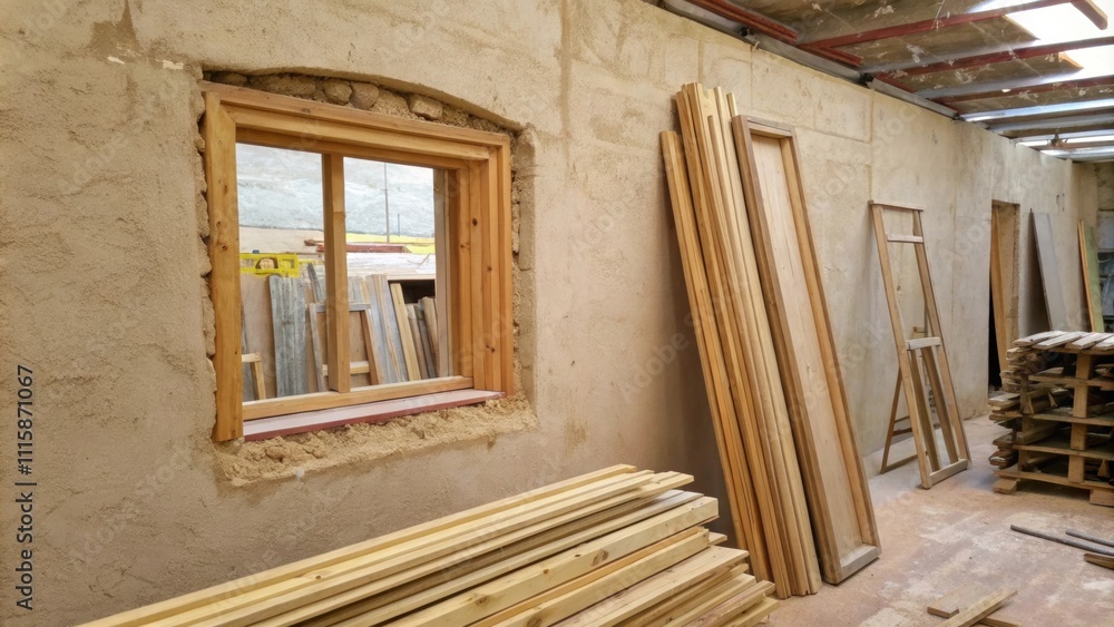 Poster A wall of its finishing featuring an irregular rough opening marked for a new window surrounded by stacks of framed hardwood ready to be installed.