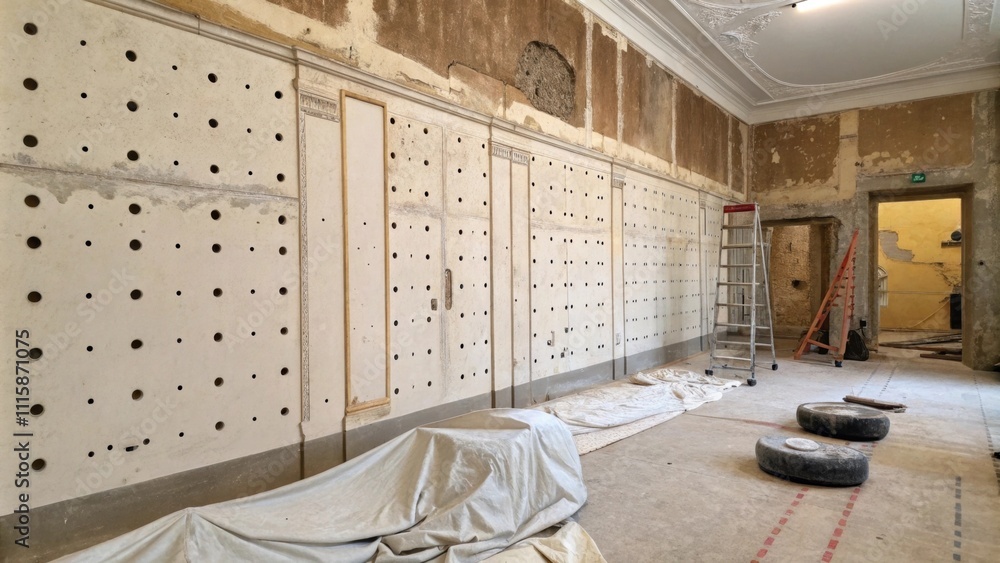 Aufkleber A wall in transition showcasing numerous small holes arranged in lines with a drop cloth below to catch any debris from the renovation.
