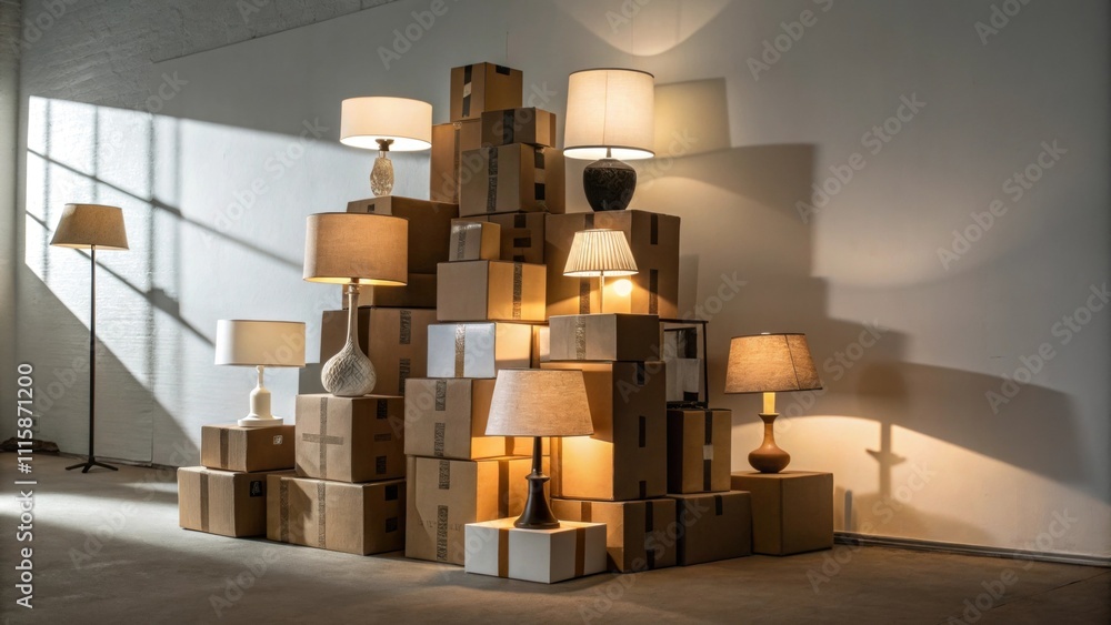 Poster A visually intriguing stack of cardboard boxes filled with light fixtures and interior lamp shades casting shadows on the surrounding floor due to a single light source.