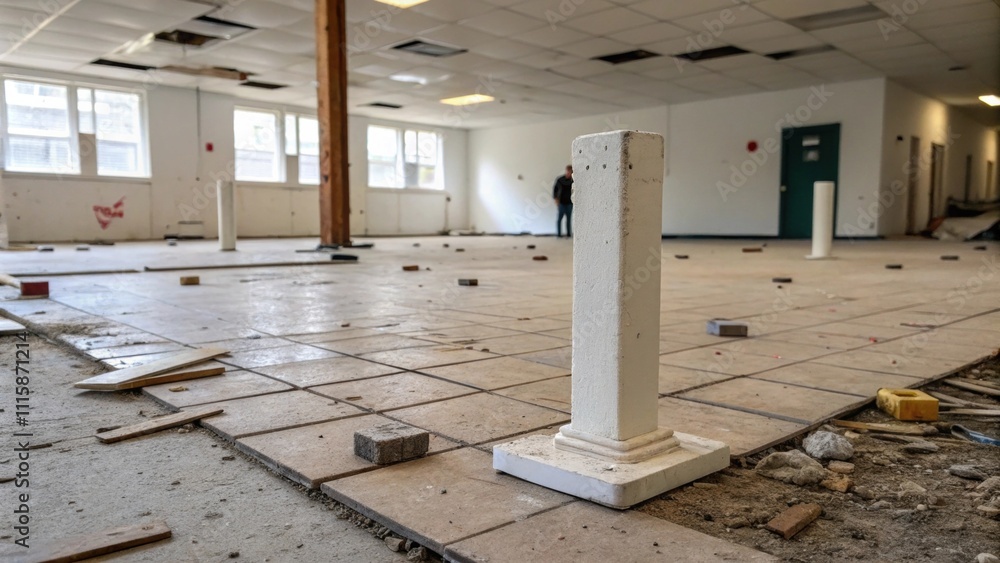 Poster A visually striking image of a lone tile spacer upright in the center of an empty room surrounded by tered remnants of other spacers and a raw unfinished floor.