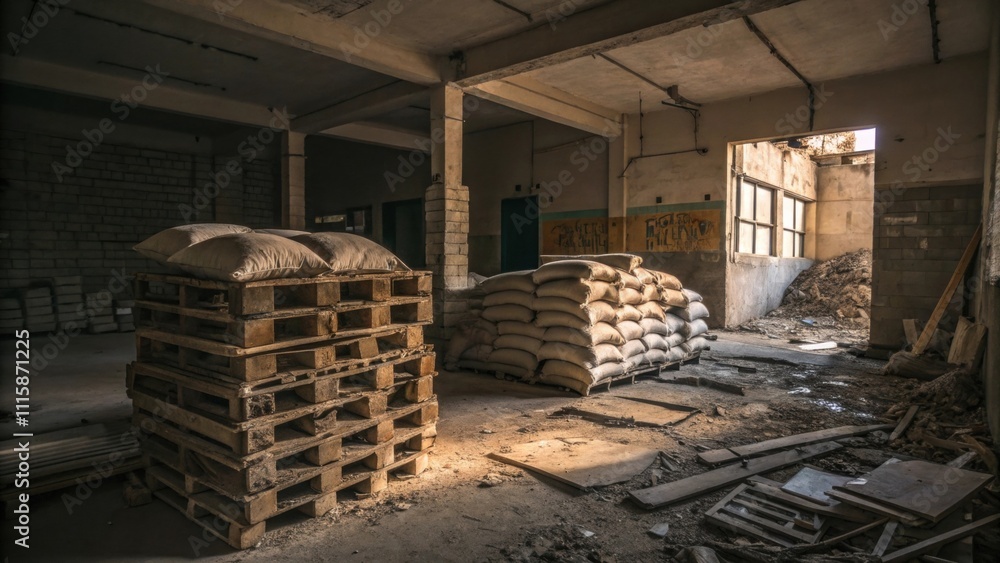 Poster a visual cacophony of broken pallets and empty bags of cement stacked carelessly inside a dimly lit 