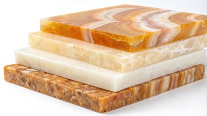 A visually captivating collection of translucent onyx sections stacked with variations in texture and color revealing the stones warm amber and cream tones.