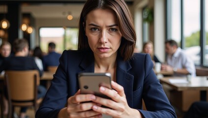 Fototapeta premium A concerned woman is depicted looking intently at her phone