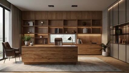 Modern Minimalist Home Office Design with Wooden Furnishings and Built in Shelving